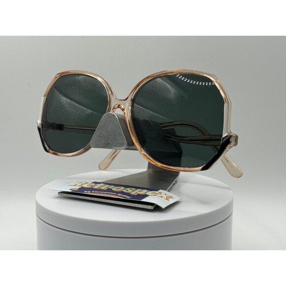 Vintage Oversize Sunglasses NOS Drop Temple Green Lens Black Crystal Frame 80s